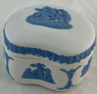 Vintage Wedgwood White Jasperware Kidney Shaped Trinket Box White Blue