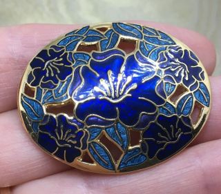 Vintage Jewellery Wonderful Blue Enamel Pierced Lily Flower Signed Brooch Pin