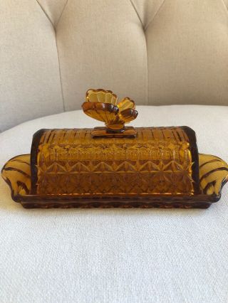 Vintage Circleware Amber Cut Glass Butterfly Butter Dish Covered