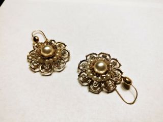 Vintage Gold Tone Rhinestones And Faux Pearl Flower Earrings Wire Pierced