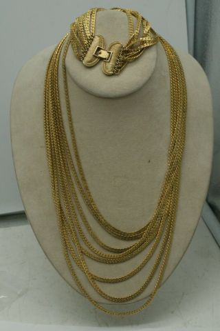 Vintage Monet Multi - 8 - Strand Textured Gold Chain Waterfall Statement Necklace