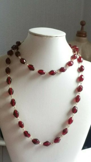 Czech Long Garnet Red Pressed Glass Bead Necklace Vintage Deco Style