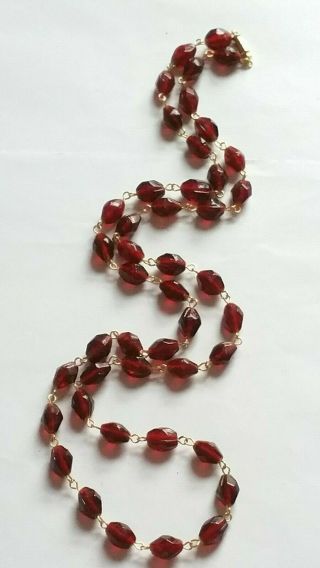 Czech Long Garnet Red Pressed Glass Bead Necklace Vintage Deco Style 2