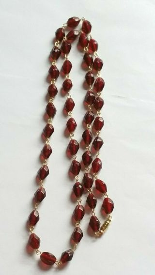 Czech Long Garnet Red Pressed Glass Bead Necklace Vintage Deco Style 3