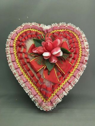Vintage Valentine Heart Shaped Chocolates Box Lace Bow Plastic Flower