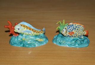 Pair Vintage Carl Thieme Dresden Porcelain Small Fish Menu Or Place Card Holders