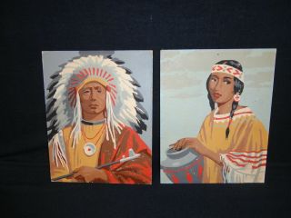 Vintage 1950s Oil Paint By Number Framed Chief Squaw Native American Indian Pair