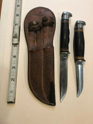 2 Vintage Ka - Bar Fixed - Blade Knives With Tooled Leather Double Sheath