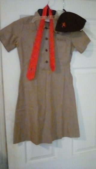 Vintage Brownie Girl Scout Dress Uniform Size 8 W/ Tie And Beanie Cap 1960 