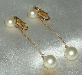 Vintage Crown Trifari Signed Long Dangly White Pearl Clip Earrings