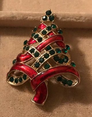 Vintage Christmas Pin Brooch Tree With Red Enamel Ribbon And Green Rhinestones