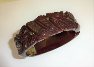 Vintage Carved Bakelite Hinged Bracelet Reddish Brown Color 1930 - 40s