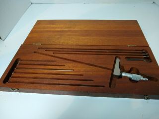 Vintage Starrett 443 Depth Gauge Micrometer & Wood Box Machinist Tools Set ☆usa