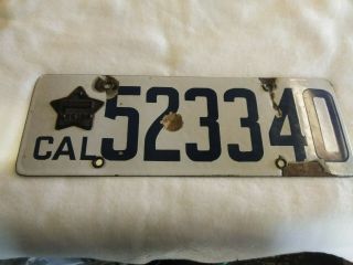 1919 Ca California Porcelain License Plate With Star