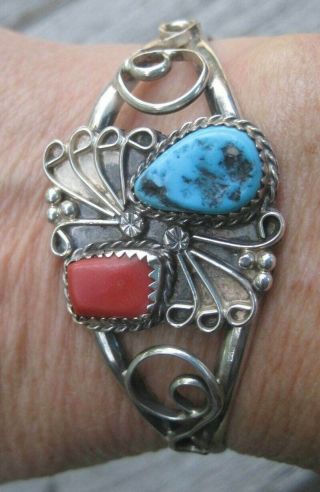 Vintage Navajo Native Sterling Silver Turquoise Coral Cuff Bracelet Signed
