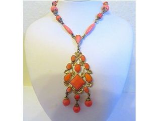 Vintage Art Deco Signed Czech Coral Molded Glass Brass Lavalier Dangles Necklace
