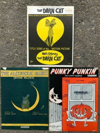 3 Vintage Halloween Sheet Music Pumpkin Witch Cats Jack O 