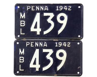 1942 Pennsylvania Motor Boat License Plate Set Matching Pair 439 Three Digit