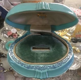 Vintage Art Deco Celluloid Ring Box Clam Shell Teal Turquoise Enamel Cross Usa