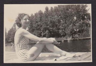 Woman Thigh Tattoo Striped Swimsuit Woodland Lake Old/vintage Photo Snapshot - W58