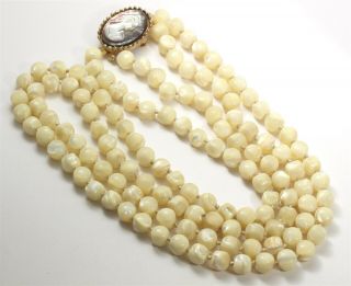 Vintage Long Hand Knotted 2 - Strand Mother Of Pearl Bead Cameo Clasp Necklace