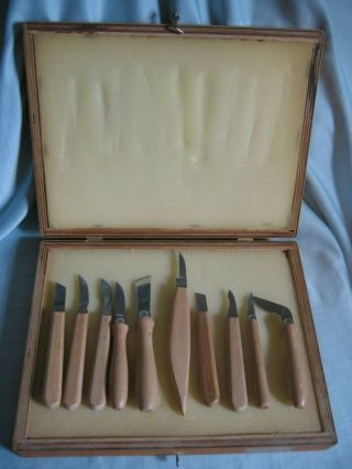 Vintage Japan Stainless Steel Chip Carving Knives 10 Piece Set In Wooden Box
