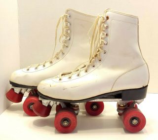 Vintage Ladies White Boot Roller Skates Size 10 Red First Flight Wheels