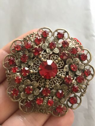 Old Vintage Ornate Czech Brooch Red Paste Rhinestone Filigree Metal - Gorgeous