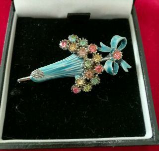 Vintage Jewellery Bright Blue Enamel And Crystal Paste Parasol Umberella Brooch