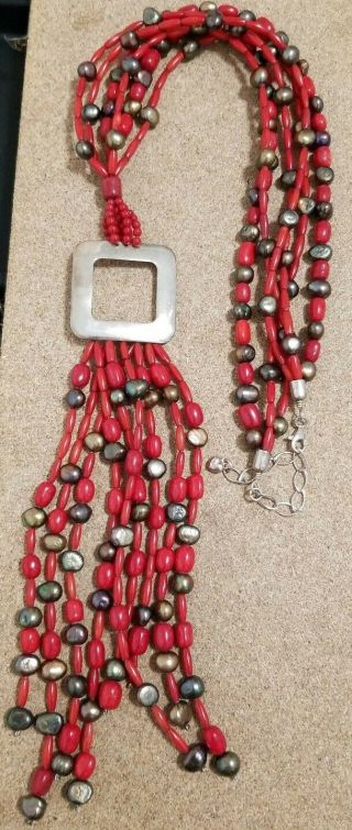 Vtg Sterling Jay King Mine Find Red Coral Beaded Tassel Necklace - Long