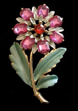 Vintage Gold Tone Enamel Pink Red Rhinestones Daisy Flower Brooch Broach Pin
