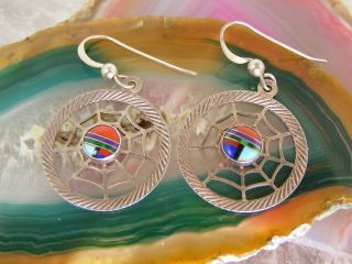 Vintage Sterling Silver Sunface In A Spider Web Turquoise & Coral Inlay Earrings