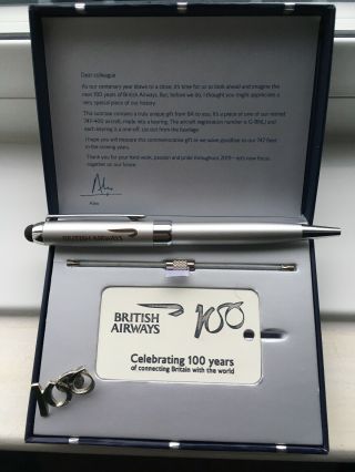 British Airways 747 Fuselage Keyring,  100 Years Celebration Badge And Pen