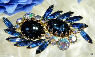 Vtg Sapphire Blue Faceted Glass Navette Ab Rhinestone Pin Brooch