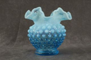 Vintage Art Glass Fenton Opalescent Blue Hobnail Crimped Vase 389 4.  5 " Tall