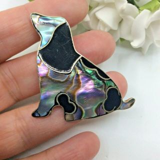 Vintage Jewellery Signed Alpaca Mexico Abolone Shell Silver Tone Dog Brooch Pin