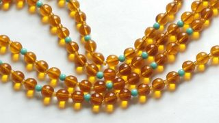 Czech Vintage Art Deco Long Yellow And Turquoise Glass Bead Necklace