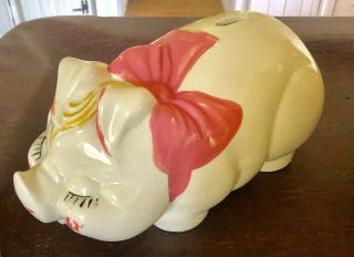 Vintage Ceramic Large White & Pink Piggy Bank W/ Bow Cork - 13 Inches