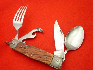 Vintage Made In Japan 4 - 7/8 " Bone Camping Scouts Camp Scout Spoon Fork Knife