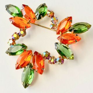 D&e Juliana Vintage Amber Emerald Marquise Ab Rhinestone Flower Brooch Pin