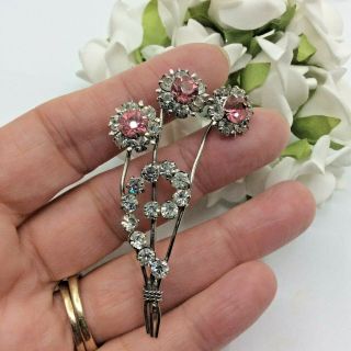 Vintage Jewellery Pink Sapphire & Clear Rhinestone Silver Tone Flower Brooch Pin