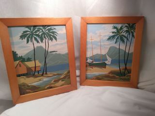 Set Of 2 Vtg Framed Paint By Number Finished Pictures Palm Trees Sail Boat Ocean