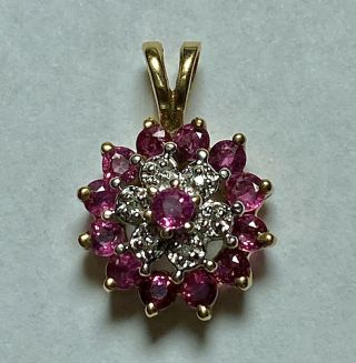 Vintage Ruby Diamond Floral Pendant Yellow Gold 10k