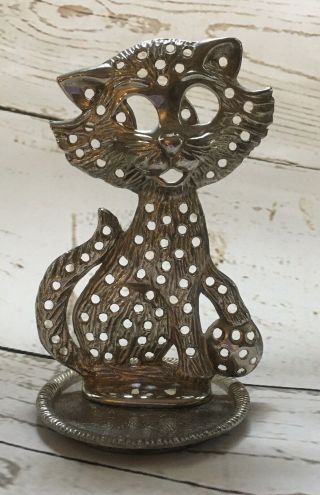 Vintage Silver Plated Cat Kitten Earring Stand Trinket Dish Jewelry Tree 5.  5 "