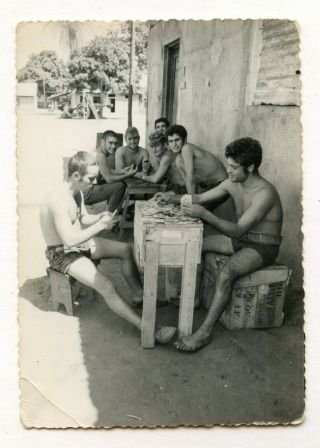 15 Vintage Photo Shirtless Soldier Buddy Boys Men Playing Cards Snapshot Gay