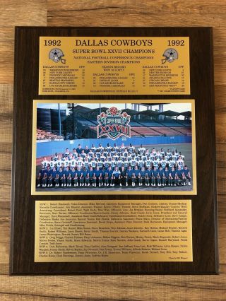 Vtg 1992 Dallas Cowboys Bowl Xxvii Champs Team Photo Roster Wood Plaque