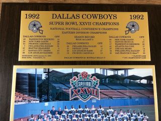 Vtg 1992 Dallas Cowboys Bowl XXVII Champs Team Photo Roster Wood Plaque 2