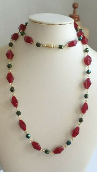 Czech Long Red And Iridescent Green Glass Bead Necklace Vintage Deco Style
