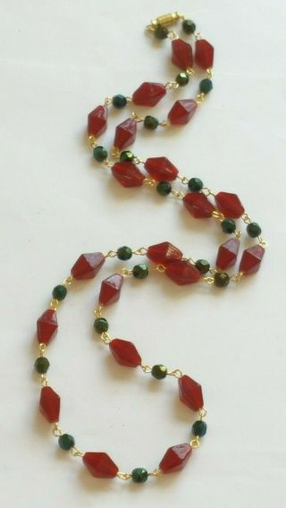 Czech Long Red And Iridescent Green Glass Bead Necklace Vintage Deco Style 2