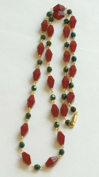 Czech Long Red And Iridescent Green Glass Bead Necklace Vintage Deco Style 3